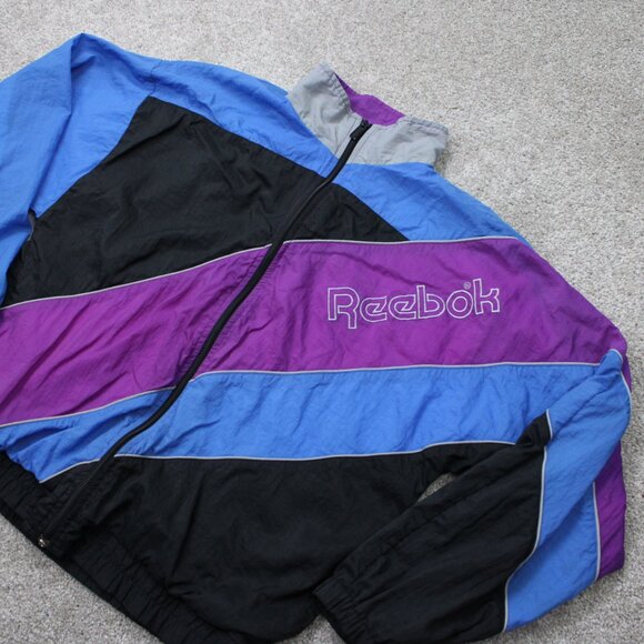 VTG Reebok Windbreaker Mens Medium Purple/Blue/Black Spell Out Jacket Coat - Picture 3 of 14